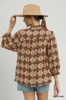 Umgee Boho Floral Medallion Print Split Neck Blouse in Black Mix