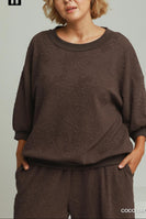 Umgee Textured Jacquard 3/4 Sleeve Pullover Top in Coco Brown