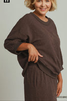 Umgee Textured Jacquard 3/4 Sleeve Pullover Top in Coco Brown