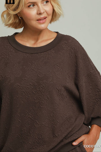 Umgee Textured Jacquard 3/4 Sleeve Pullover Top in Coco Brown