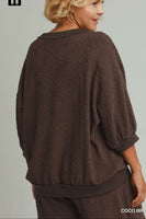 Umgee Textured Jacquard 3/4 Sleeve Pullover Top in Coco Brown