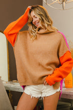 Load image into Gallery viewer, BiBi Turtle Neck Color Block Sweater in Latte/Orange/Magenta
