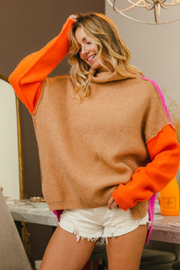 BiBi Turtle Neck Color Block Sweater in Latte/Orange/Magenta