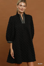Load image into Gallery viewer, Umgee Jacquard Textured Swiss Dot Contrast Trim Shift Dress in Black
