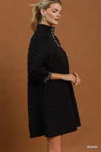 Load image into Gallery viewer, Umgee Jacquard Textured Swiss Dot Contrast Trim Shift Dress in Black
