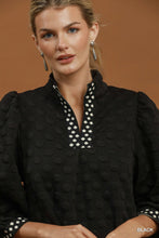 Load image into Gallery viewer, Umgee Jacquard Textured Swiss Dot Contrast Trim Shift Dress in Black
