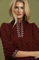 Umgee Jacquard Textured Swiss Dot Contrast Trim Shift Dress in Wine