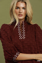 Load image into Gallery viewer, Umgee Jacquard Textured Swiss Dot Contrast Trim Shift Dress in Wine
