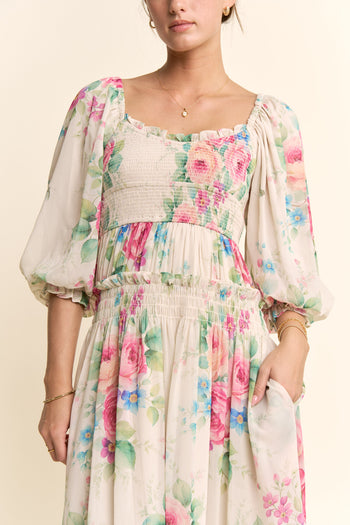 Davi & Dani Flower Printed Chiffon Midi Dress in Taupe