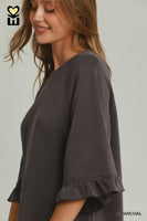 Umgee SPACEKNIT 3/4 Raglan Sleeve Top in Charcoal