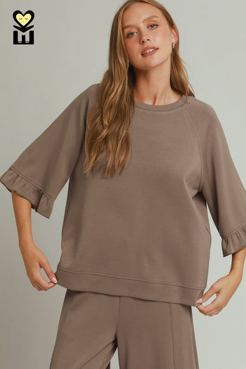 Umgee SPACEKNIT 3/4 Raglan Sleeve Top in Mocha