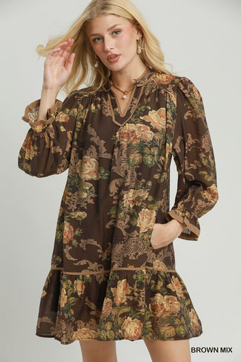 Umgee Floral Print Ruffle Hem Shift Dress in Brown Mix