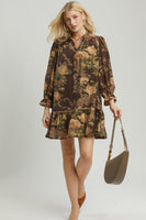 Umgee Floral Print Ruffle Hem Shift Dress in Brown Mix