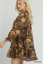 Load image into Gallery viewer, Umgee Floral Print Ruffle Hem Shift Dress in Brown Mix
