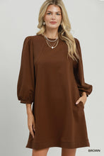 Load image into Gallery viewer, Umgee French Terry Puff Sleeve A-Line Mini Dress in Brown
