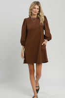 Umgee French Terry Puff Sleeve A-Line Mini Dress in Brown