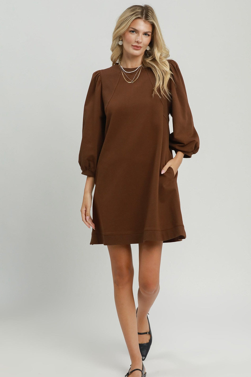 Umgee French Terry Puff Sleeve A-Line Mini Dress in Brown – June Adel