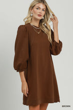Load image into Gallery viewer, Umgee French Terry Puff Sleeve A-Line Mini Dress in Brown
