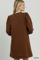 Umgee French Terry Puff Sleeve A-Line Mini Dress in Brown