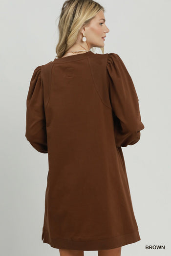 Umgee French Terry Puff Sleeve A-Line Mini Dress in Brown