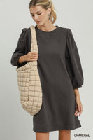 Umgee French Terry Puff Sleeve A-Line Mini Dress in Charcoal