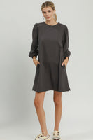 Umgee French Terry Puff Sleeve A-Line Mini Dress in Charcoal