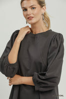 Umgee French Terry Puff Sleeve A-Line Mini Dress in Charcoal