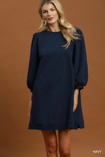 Umgee French Terry Puff Sleeve A-Line Mini Dress in Navy