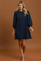 Umgee French Terry Puff Sleeve A-Line Mini Dress in Navy