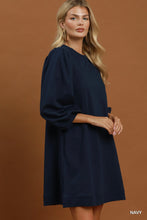 Load image into Gallery viewer, Umgee French Terry Puff Sleeve A-Line Mini Dress in Navy
