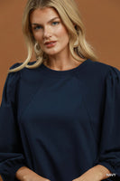 Umgee French Terry Puff Sleeve A-Line Mini Dress in Navy