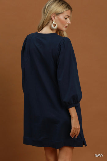 Umgee French Terry Puff Sleeve A-Line Mini Dress in Navy
