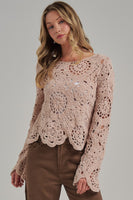 BON Chenille Knit Crochet Lace Sweater in Oatmeal