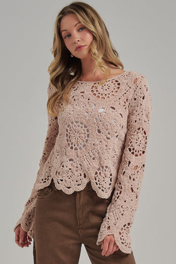 BON Chenille Knit Crochet Lace Sweater in Oatmeal