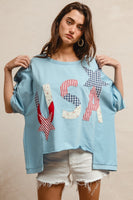 BiBi Oversized Knit Top with Mix n Match USA Patchwork in Light Denim