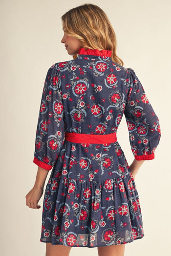Jodifl Ruffle Detail Boho Floral Dress in Navy/Red