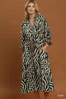 Umgee Mixed Animal Print Tie Waist Maxi Dress in Olive