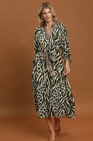 Umgee Mixed Animal Print Tie Waist Maxi Dress in Olive