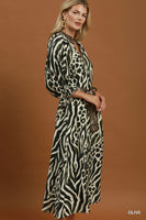 Umgee Mixed Animal Print Tie Waist Maxi Dress in Olive