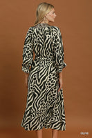 Umgee Mixed Animal Print Tie Waist Maxi Dress in Olive
