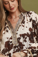 Umgee Cowhide Print Contrast Trim Blouse in Brown