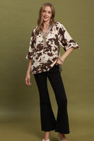 Umgee Cowhide Print Contrast Trim Blouse in Brown