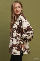 Umgee Cowhide Print Contrast Trim Blouse in Brown