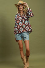 Load image into Gallery viewer, Umgee Abstract Medallion Print V-Neck Long Sleeve Blouse in Brown

