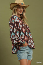 Load image into Gallery viewer, Umgee Abstract Medallion Print V-Neck Long Sleeve Blouse in Brown
