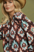 Umgee Abstract Medallion Print V-Neck Long Sleeve Blouse in Brown