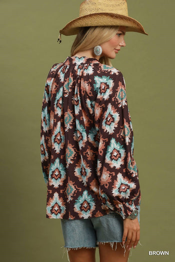 Umgee Abstract Medallion Print V-Neck Long Sleeve Blouse in Brown