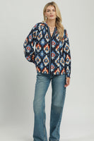 Umgee Abstract Medallion Print V-Neck Long Sleeve Blouse in Midnight