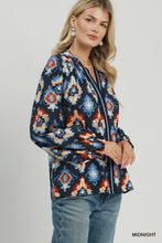 Load image into Gallery viewer, Umgee Abstract Medallion Print V-Neck Long Sleeve Blouse in Midnight
