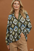 Umgee Abstract Medallion Print V-Neck Long Sleeve Blouse in Olive
